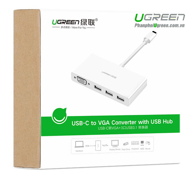 Cáp USB Type C to VGA, tích hợp 3 cổng USB 3.0 Ugreen 40375