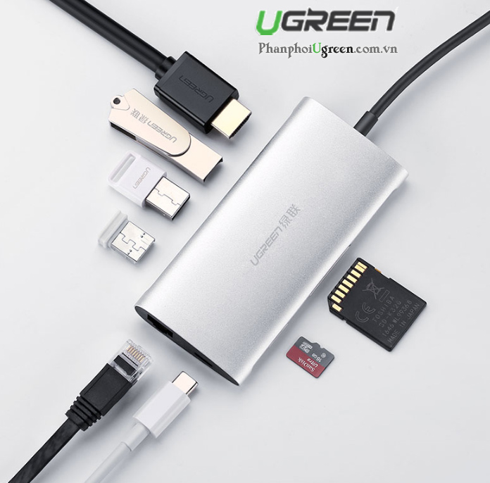 Bộ chuyển đa năng Ugreen 50516 - USB Type-C to HDMI, Lan, USB 3.0, đọc thẻ SD/TF, sạc Type-C
