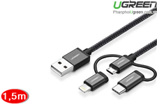 Cáp sạc 3 trong 1 USB Type C / Lightning / Micro USB Ugreen 50206 dài 1,5m chính hãng