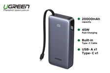 Sạc dự phòng PD 45W Nexode 20000mAh 3 cổng có cáp USB-C liền Ugreen 55988B chính hãng
